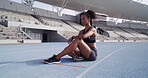 Break, fitness and vision with woman in stadium for cardio training, sports planning or workout. Exercise, rest and thinking with athlete or runner at venue for challenge, improvement or performance