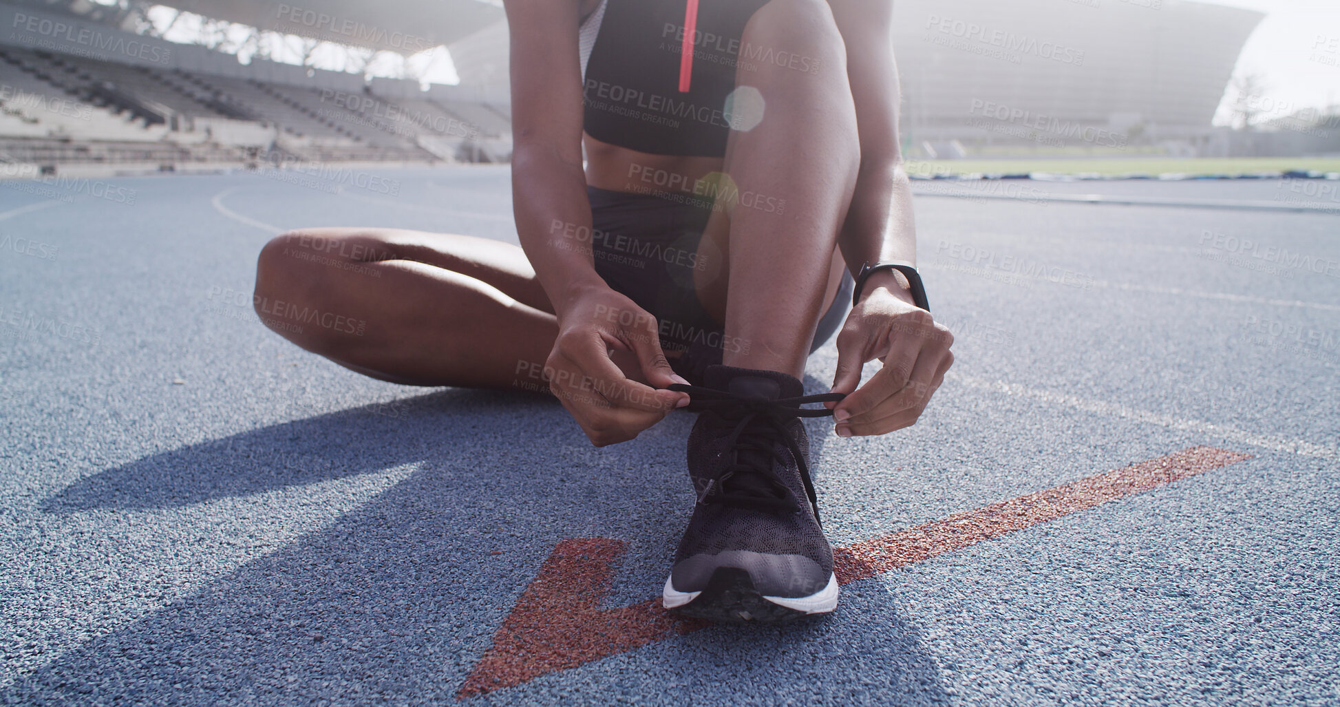 Buy stock photo Runner, stadium and woman tie shoes ready for race challenge, marathon training and exercise. Sports, athlete and person with sneakers for fitness, competition and cardio workout on outdoor track