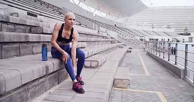 Buy stock photo Rest, fitness and woman with injury in stadium for workout, exercise and muscle fatigue for running. Athlete, sports track and person massage legs for accident, strain and pain for training outdoor