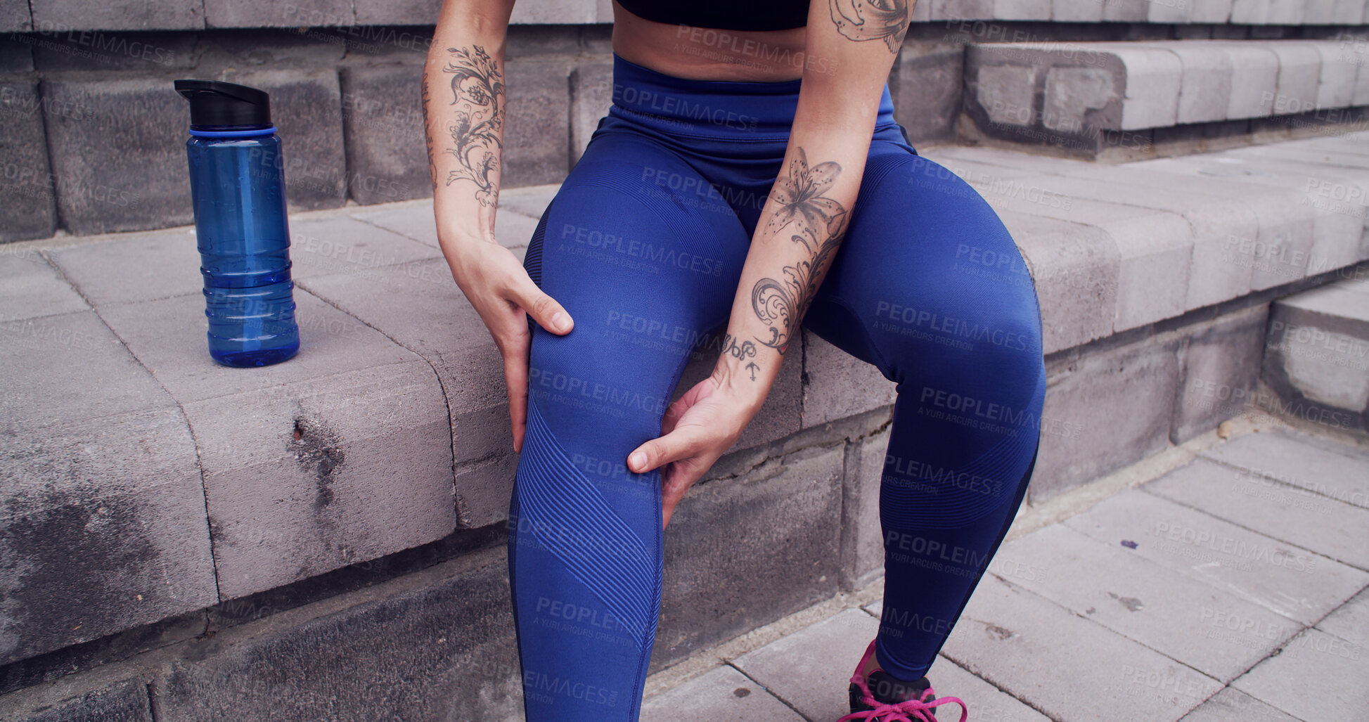 Buy stock photo Rest, fitness and legs of woman with injury on stairs for workout, exercise and muscle fatigue for running. Athlete, sports and person massage for accident, strain and knee pain for training outdoor