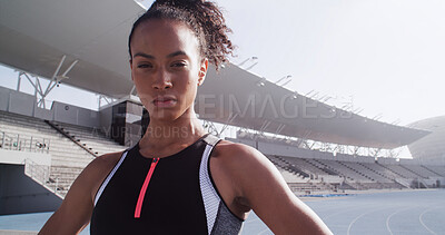 Buy stock photo Woman, athlete and portrait at track for sports event, serious and ready for race at stadium. Girl, runner and outdoor at arena with pride, confidence and fitness for international contest in Mexico