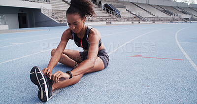 Buy stock photo Tying laces, shoes and woman on race track for fitness, sports and prepare for practice run outdoor. Female person, runner or athlete with sneakers for training, start exercise or workout at stadium