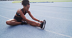 Running, track and woman tie shoes ready for race challenge, marathon training and exercise. Sports stadium, athlete and person with sneakers for fitness, competition and workout in outdoor arena