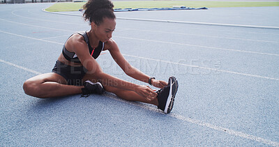 Buy stock photo Running, track and woman tie shoes ready for race challenge, marathon training and exercise. Sports stadium, athlete and person with sneakers for fitness, competition and workout in outdoor arena