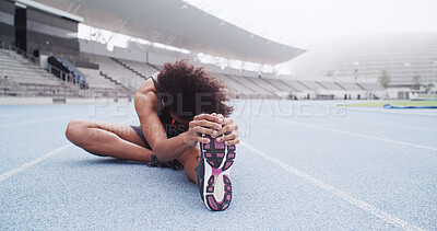 Buy stock photo Stretching, fitness and woman on track in stadium to start running, exercise and marathon training. Athlete, sports and person with leg warm up for workout, race competition and challenge outdoor