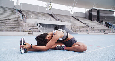 Buy stock photo Athlete, woman and stretching for fitness, stadium and preparing for exercise, warm up and training. Outdoor, runner and workout routine for wellness, healthy and person on race track for sport
