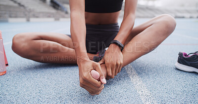 Buy stock photo Fitness, foot injury and hands of woman in stadium for accident, emergency or physical consequence. Exercise, massage and pain with athlete or runner on track at venue for fatigue or muscle cramp
