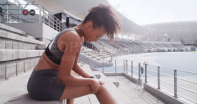 Buy stock photo Runner, woman and knee pain with injury at stadium, sports accident and fibromyalgia. Fitness, race track and athlete with sore legs with muscle tension from exercise, joint inflammation or arthritis