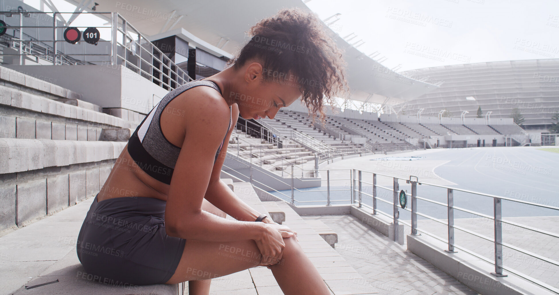 Buy stock photo Runner, woman and knee pain with injury at stadium, sports accident and fibromyalgia. Fitness, race track and athlete with sore legs with muscle tension from exercise, joint inflammation or arthritis