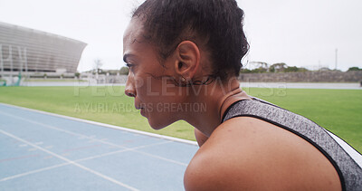 Buy stock photo Breathing, fitness and recovery with woman in stadium for challenge, training or workout fatigue. Break, exercise and tired with athlete or runner in sports venue for marathon or race preparation