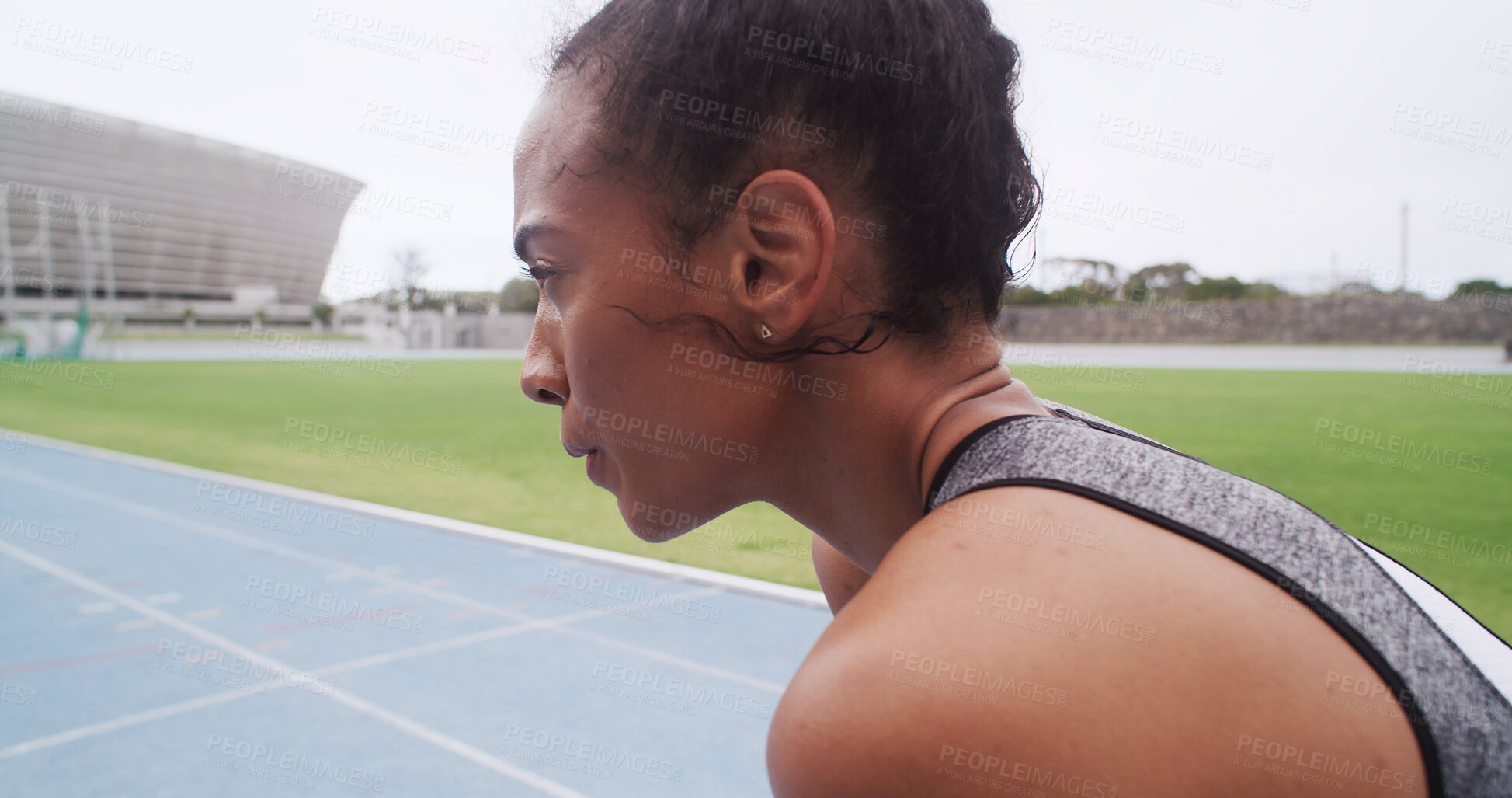 Buy stock photo Breathing, fitness and recovery with woman in stadium for challenge, training or workout fatigue. Break, exercise and tired with athlete or runner in sports venue for marathon or race preparation
