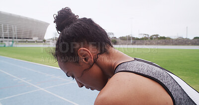 Buy stock photo Breathing, fatigue and fitness with woman in stadium for challenge, training or workout recovery. Break, exercise and exhausted with athlete or runner in sports venue for marathon or race preparation