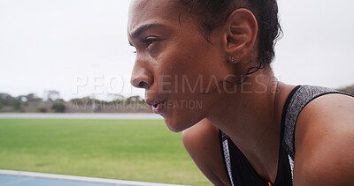Buy stock photo Breathing, athlete and woman with sweat, outdoor or tired of exercise in morning, training or sport. Exhausted, runner and cardio for African person, break or workout for marathon, space or wellness