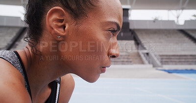 Buy stock photo Tired, athlete and woman on break, stadium or exercise for marathon, morning and training for sport. Healthy, runner and fitness with workout routine, outdoor and African person with fatigue or rest