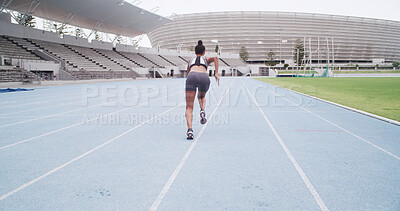 Buy stock photo Back, race track and woman running for sports, exercise and practice for fitness outdoor. Stadium, runner and athlete sprint for athletics training, workout and endurance with cardio challenge