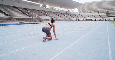 Buy stock photo Back, fitness and start of race with woman in stadium for challenge, competition or sports tournament. Exercise, launch and ready with running athlete at line in arena for event, performance or speed