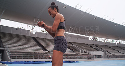 Buy stock photo Athlete, woman and applause to celebrate on sports track for fitness, win and achievement outdoor. Competition, african female runner and excited for goal, exercise performance or champion at stadium