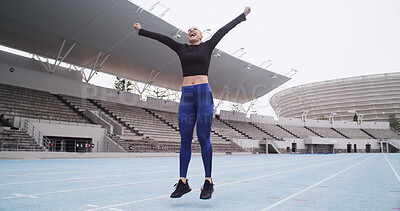 Buy stock photo Excited, athlete and woman at stadium, celebration or cheering for complete fitness goal or success. Outdoor, runner and person with smile for achievement, training and exercise for marathon or sport
