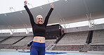 Cheering, athlete and woman at stadium, celebration or excited for complete fitness goal or success. Outdoor, runner and person with smile for achievement, training and exercise for marathon or sport