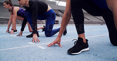 Buy stock photo Start, race track and people with run for sport, competition or group on your mark. Challenge, contest and runners in line, ready for sprint or training for cardio, practice or performance at stadium