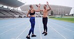 Fitness, athlete and celebration with high five in stadium for workout, marathon race or running. Excited, people and outdoor challenge for exercise, teamwork and support for cardio achievement