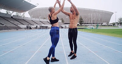 Buy stock photo Fitness, friends and celebration with high five in stadium for workout, marathon race or running. Excited, people and outdoor challenge for exercise, teamwork and support for cardio achievement
