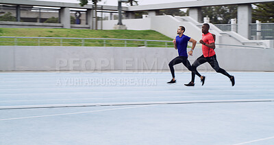 Buy stock photo Athlete, men and running a race on track for competition practice, agility training or endurance. Runner, people or fast at stadium for fitness event, speed challenge or sports performance with space