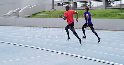 Buy stock photo Back, people and running a race at stadium for competition workout, speed training and preparation. Athlete, runner and sprint on track for fitness event, sports challenge and performance with space