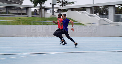 Buy stock photo Sprint, people and running a race on track for competition exercise, speed training or endurance. Runner, competitor and fast at stadium for fitness event, challenge or sports performance with energy
