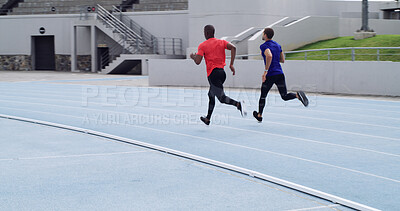 Buy stock photo Back, men and running a race at stadium for competition workout, speed training and performance. Athletes, runner and sprint on track for fitness event, sports challenge and marathon with endurance