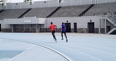 Buy stock photo Running, back and fitness with people on race track for cardio challenge, health or competition. Workout, training and sports athlete with runner in stadium for exercise, marathon practice and sprint