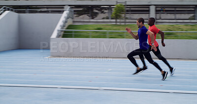 Buy stock photo Sprint, men and running a race on track for competition exercise, speed training or endurance. Runner, competitor and energy at stadium for fitness event, challenge and sports performance with space