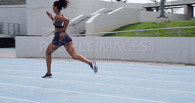 Buy stock photo Running, speed and fitness with woman on race track for cardio challenge, health or competition. Workout, training and sports athlete with person in stadium for exercise, marathon practice and sprint