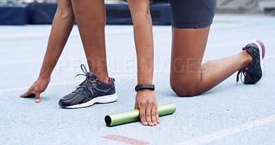 Buy stock photo Hands, relay and person on race track for run, start or ready for challenge with fitness for competition. Sports, athlete and baton for contest, practice or launch for cardio exercise at stadium
