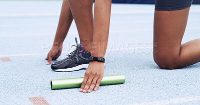 Buy stock photo Hands, relay and person on race track for running, start or ready for challenge with fitness for competition. Sports, athlete and baton for contest, practice or launch for cardio exercise at stadium
