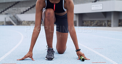 Buy stock photo Hands, legs and relay with person on race track for run, start or ready for challenge with fitness competition. Sport, athlete and baton for contest, practice or launch for cardio exercise at stadium