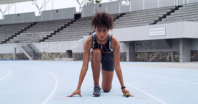 Buy stock photo Hands, relay and girl in portrait on race track for run, start or ready for challenge with fitness competition. Sport, athlete and serious for contest, practice or launch for cardio exercise at arena