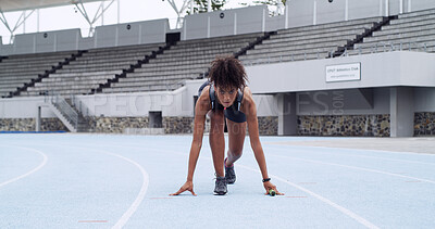 Buy stock photo Start, race track and woman in portrait for run, competition or on your mark. Challenge, contest and serious runner ready for sprint with training for cardio, practice or performance at stadium