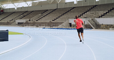 Buy stock photo Running, back and training with man on race track for cardio challenge, health or competition. Workout, fitness and sports athlete with person in stadium for exercise, marathon practice and sprint