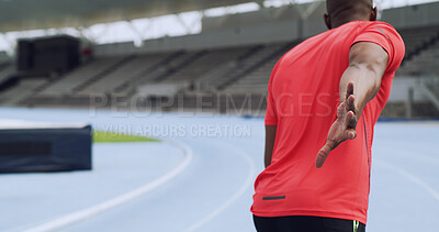Buy stock photo Back, hand and running at race track for relay, competition and fitness challenge outdoor. Sprint, sports and man at stadium for training, workout or cardio exercise with practice for athletics