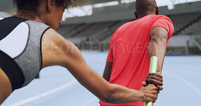 Buy stock photo Team, hand and sprint with baton for relay, sports and fitness at race track. Running, competition and people pass stick at stadium for training, workout or cardio exercise for athletics from back