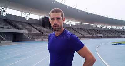 Buy stock photo Runner, portrait and fitness with man on race track for athlete, marathon practice and workout. Cardio challenge, exercise and running competition with person in sports stadium for training and event