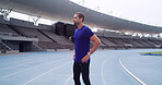 Man, athlete and thinking at stadium for exercise routine, challenge and outdoor on track. Person, runner and perspective at arena with fitness, training and ready for workout at sports club in Italy