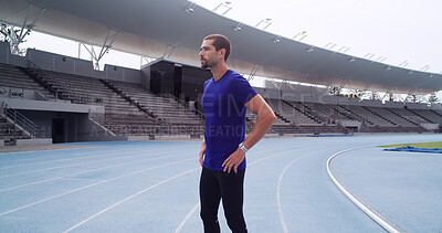 Buy stock photo Man, athlete and thinking at stadium for exercise routine, challenge and outdoor on track. Person, runner and perspective at arena with fitness, training and ready for workout at sports club in Italy