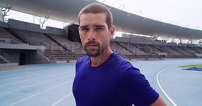 Buy stock photo Runner, portrait and health with man on race track for athlete, marathon practice and workout. Cardio challenge, exercise and running competition with person in sports stadium for training and event
