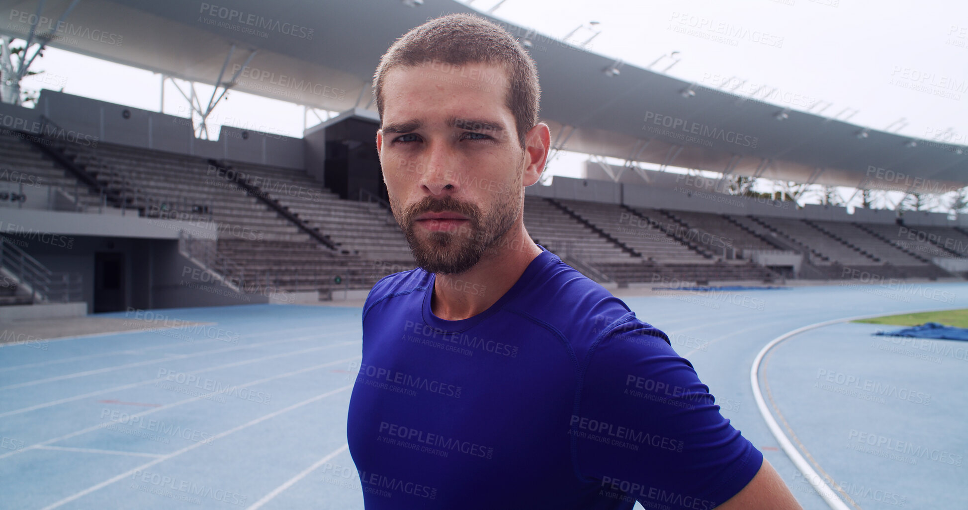 Buy stock photo Runner, portrait and health with man on race track for athlete, marathon practice and workout. Cardio challenge, exercise and running competition with person in sports stadium for training and event