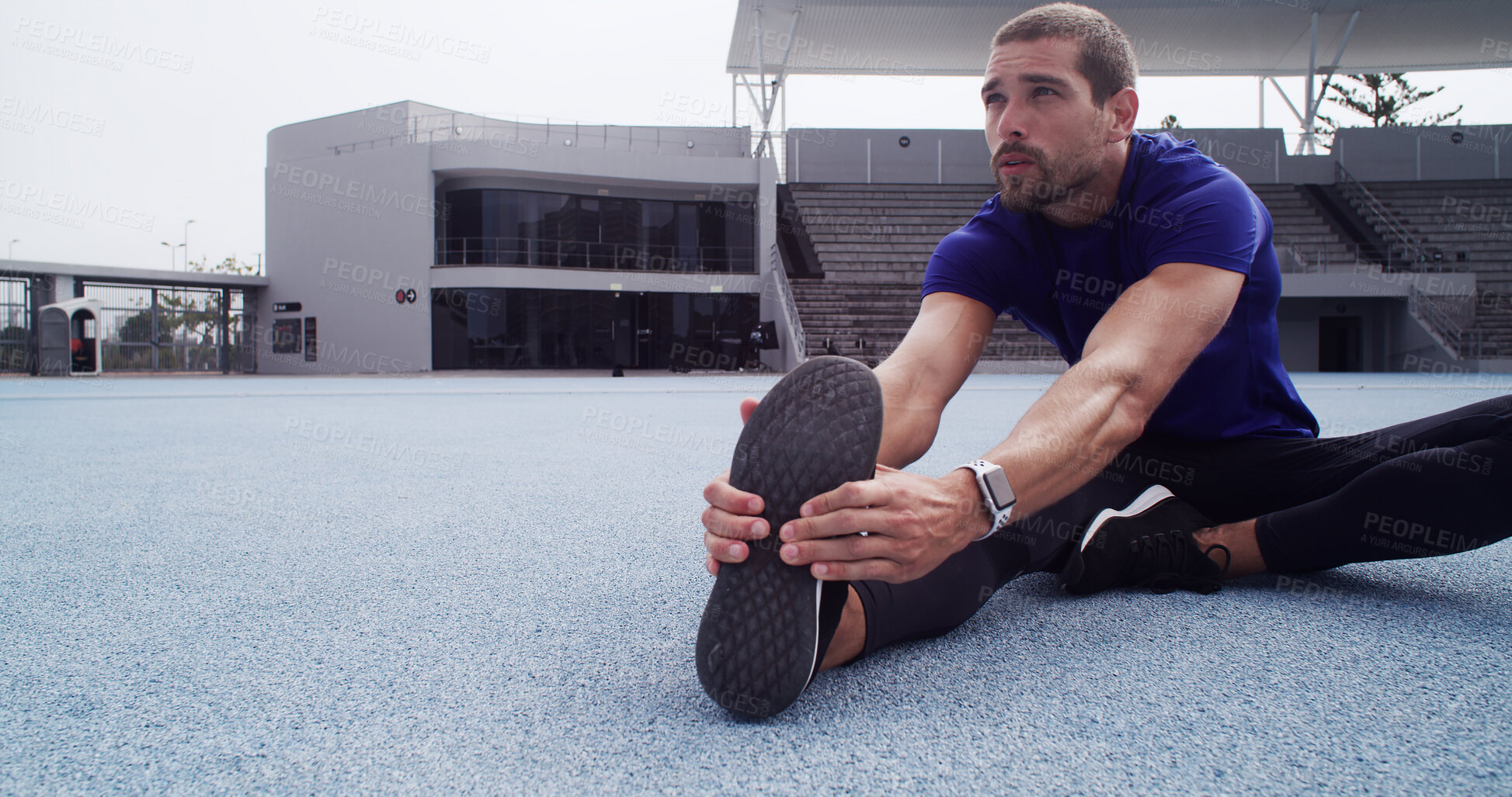 Buy stock photo Athlete, man and stretching legs at stadium for fitness, exercise and getting ready for marathon. Thinking, male person and warm up for training, runner workout and prepare for sports competition