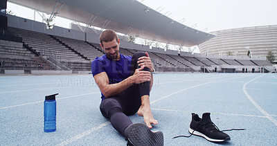 Buy stock photo Knee pain, track and man with fitness, joint injury and workout with muscle tension, bruise and accident. Athlete, outdoor and person on ground, medical emergency and training with inflammation