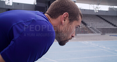 Buy stock photo Tired, track and man with training, fitness and challenge with wellness, exercise and sports. Outdoor, person and athlete with fatigue, exhausted and healthy routine with workout, practice or stadium