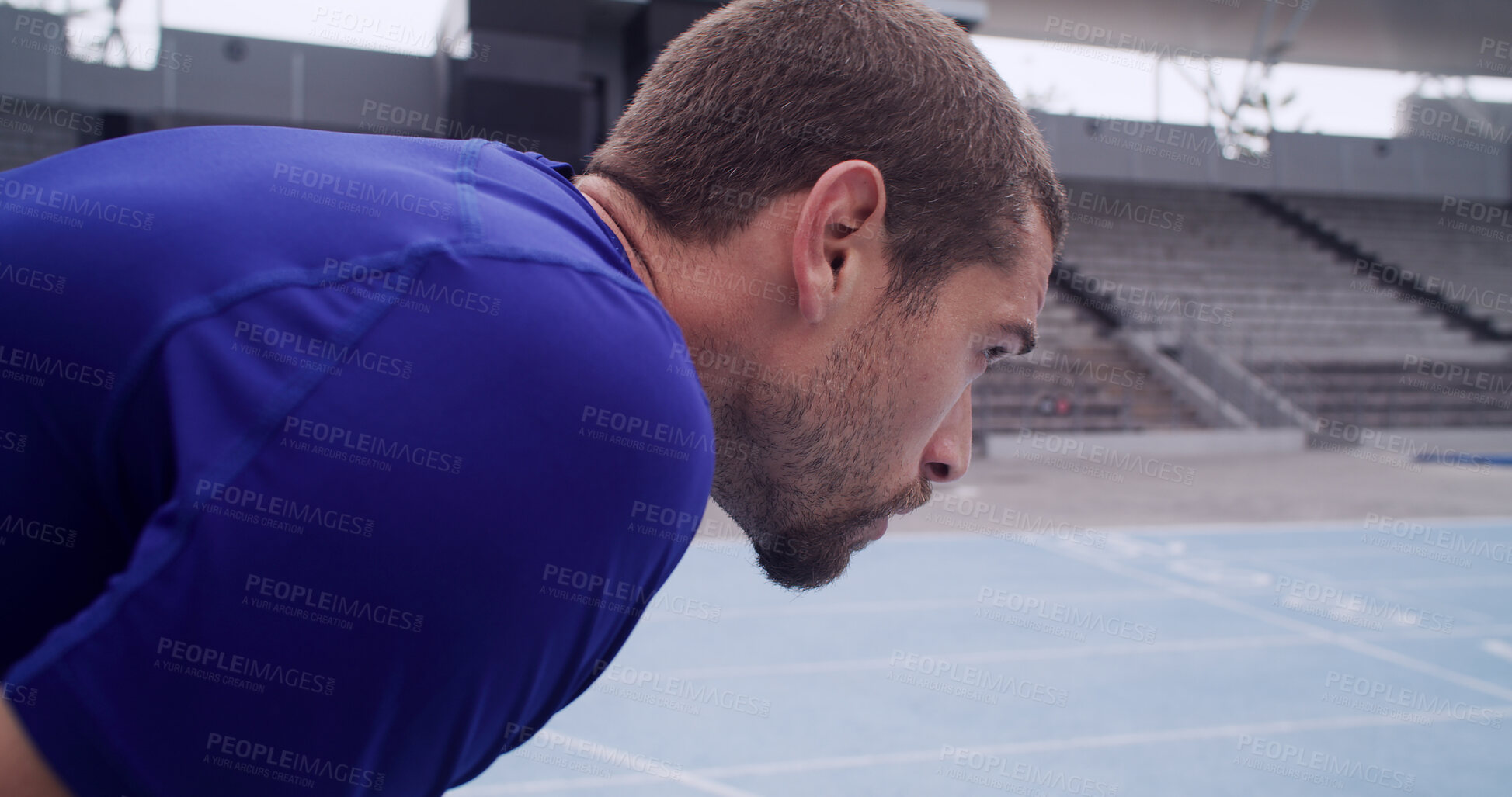 Buy stock photo Tired, track and man with training, fitness and challenge with wellness, exercise and sports. Outdoor, person and athlete with fatigue, exhausted and healthy routine with workout, practice or stadium